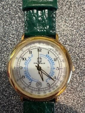Emerald Gold Case Watch with Green Strap and Blue Dial Accents